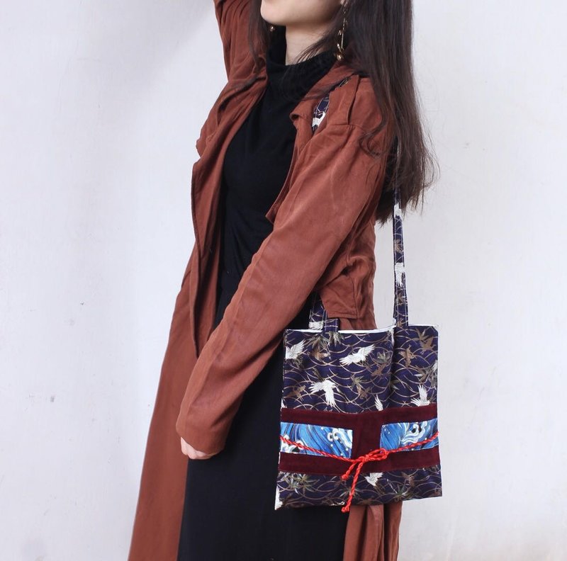 Vintage Japanese kimono Crane printing handmade shoulder bag Messenger bag