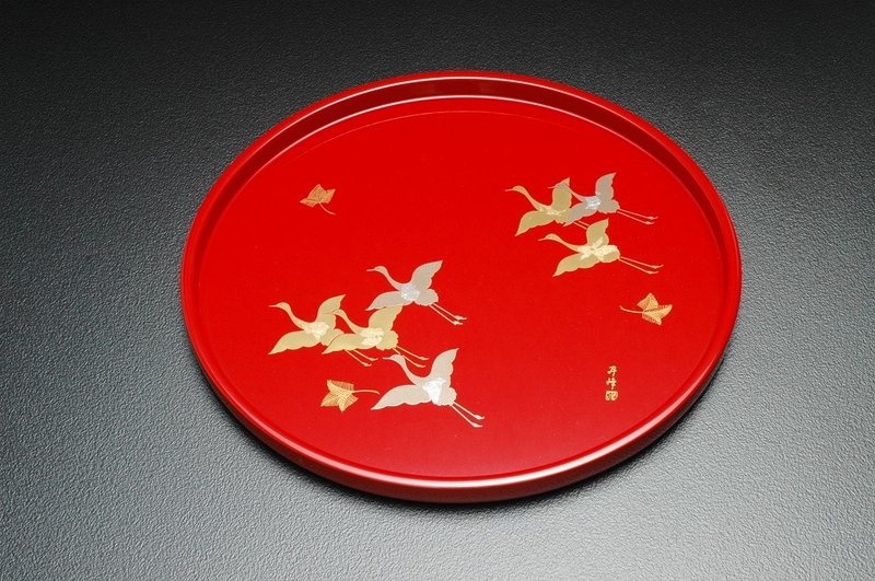 100 crane lacquerware disc (莳画-朱红)