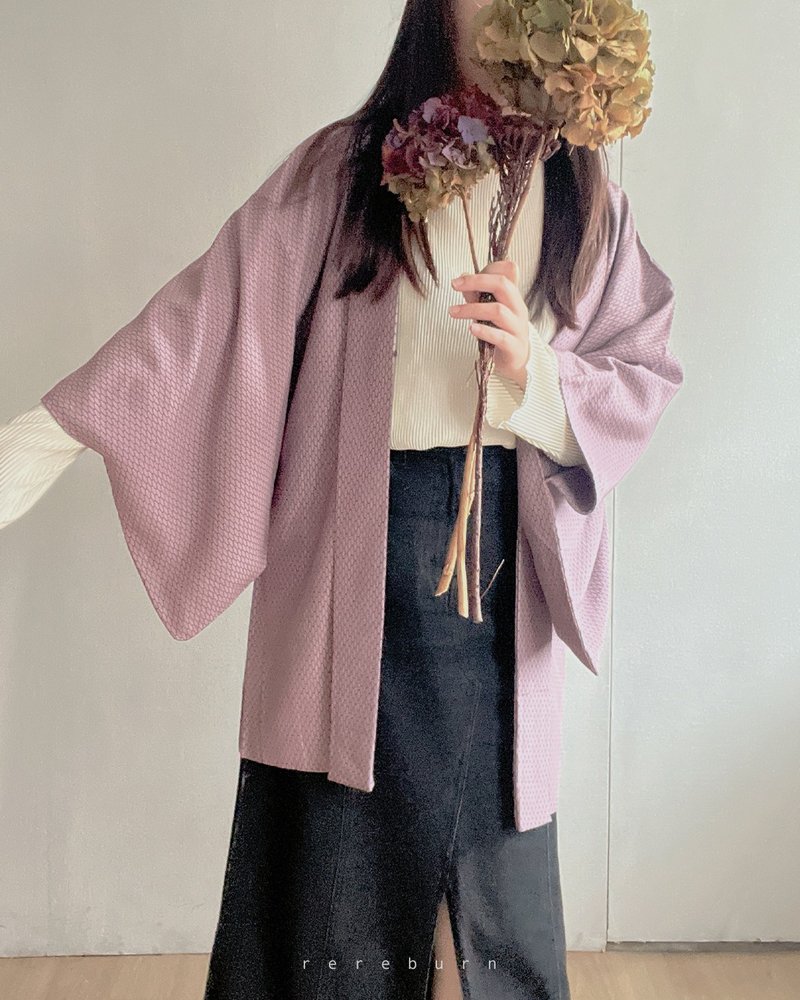 日本製和風印花薄款紫色格子古著羽織和服外套 - 女大衣/外套 - 聚酯纖維 紫色