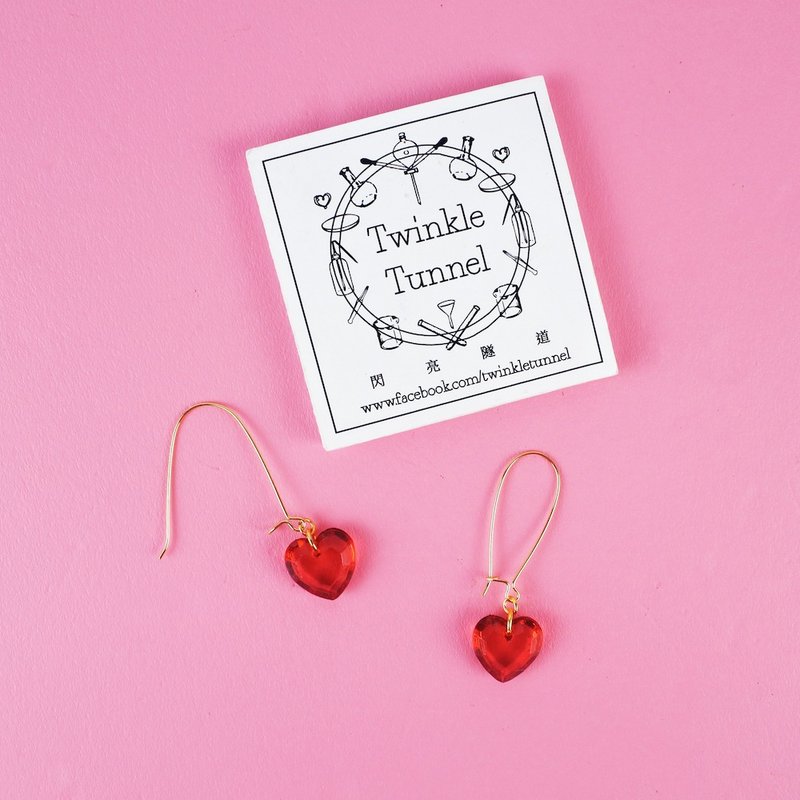 Mini transparent red heart hanging earrings