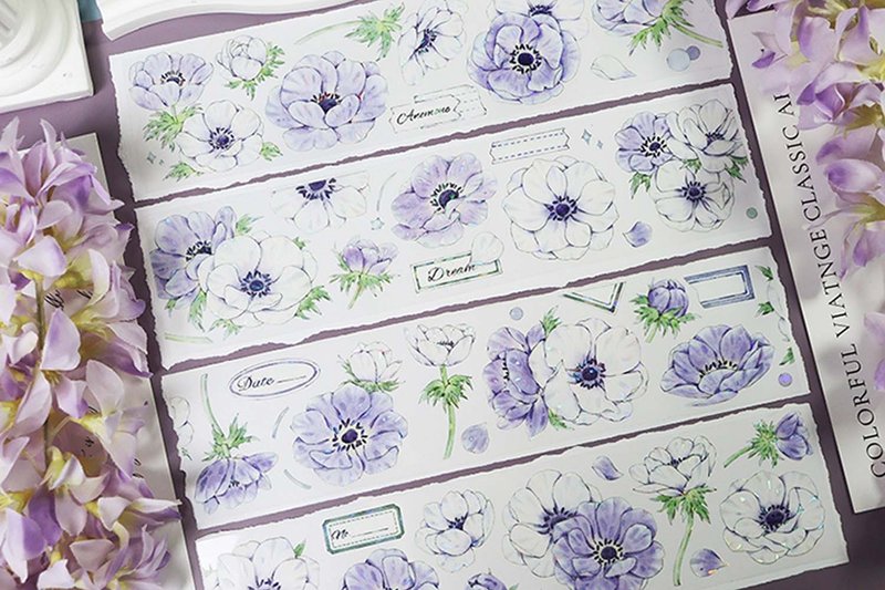 OKMT新七天原創社團 咕卡 流麻 貼紙PET手帳手賬膠帶 白紫銀蓮花 - 紙膠帶/和紙/PET - 塑膠 紫色