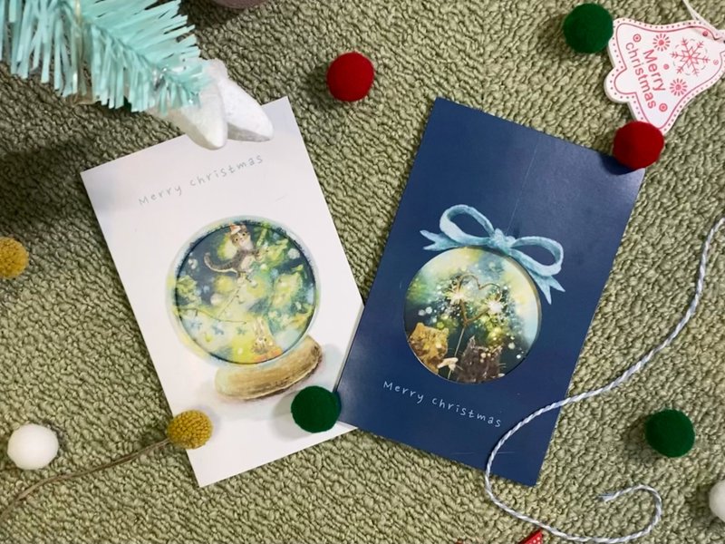 貓咪水晶球煙花聖誕跨年賀卡(2款) - 卡片/明信片 - 紙 藍色