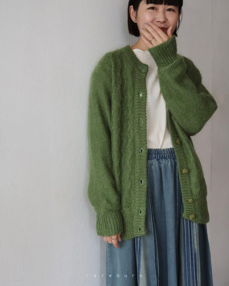 冬復古日本製幾何針織寬鬆蘋果綠羊毛古著毛衣外套 - 女毛衣/針織衫 - 羊毛 綠色