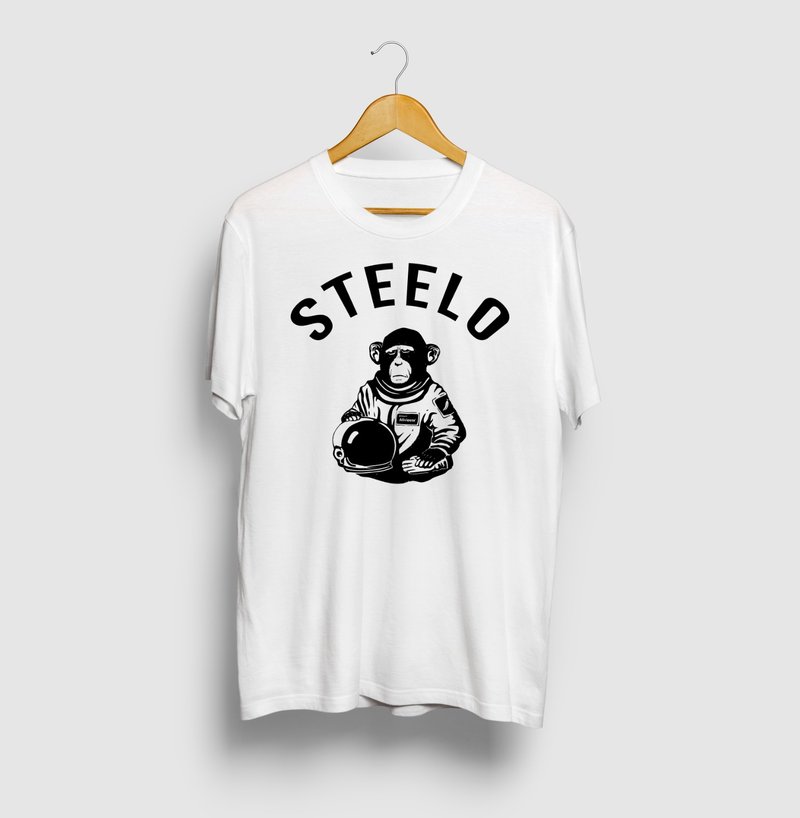 STEELO チンパンジー宇宙へ 動物イラストアーチロゴTシャツ