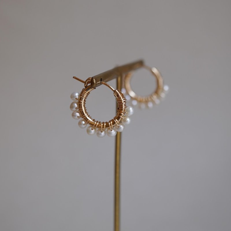 14KGF  淡水パールゴールドフープピアス - 耳環/耳夾/耳骨夾 - 珍珠 白色