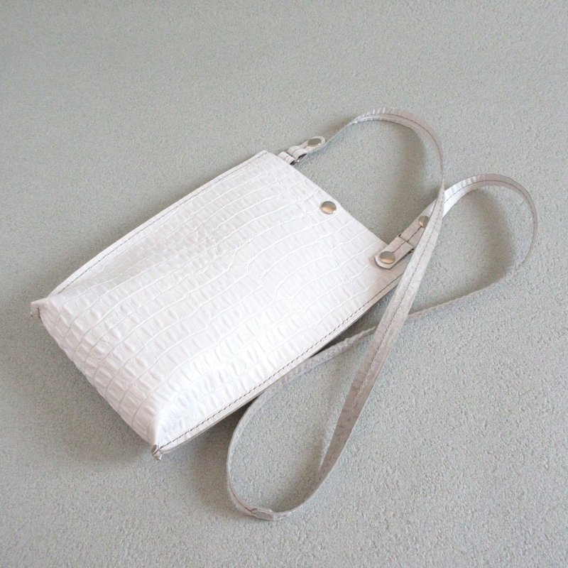 牛革・シンプルサコッシュ・タテ型・型押しクロコ・ホワイト・0175 - 側背包/斜背包 - 真皮 白色