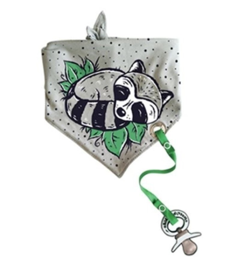 Sweet Sleeping Raccoon Tied Bib Scarf (with pacifier chain)