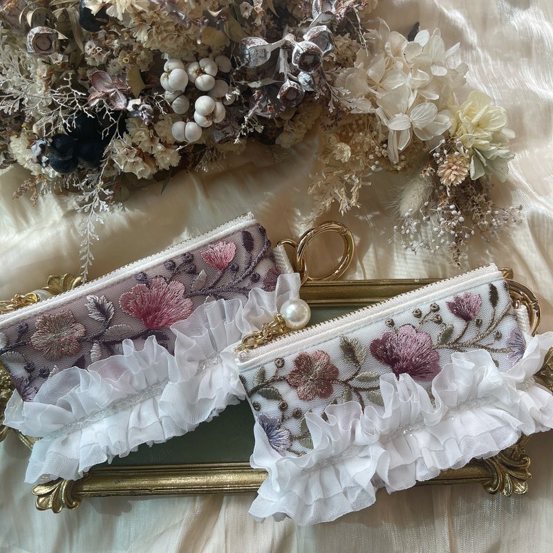 インド刺繍リボン フリルミニポーチ - 化妝包/收納袋 - 其他材質