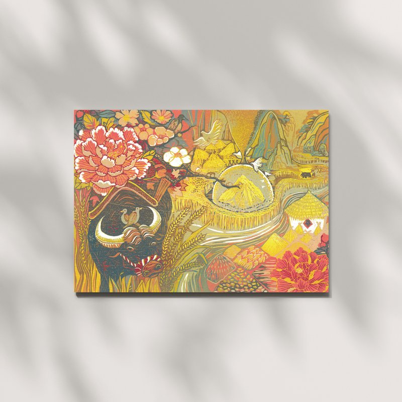 瑞穗豐年 牛年版畫明信片 - 卡片/明信片 - 紙 多色