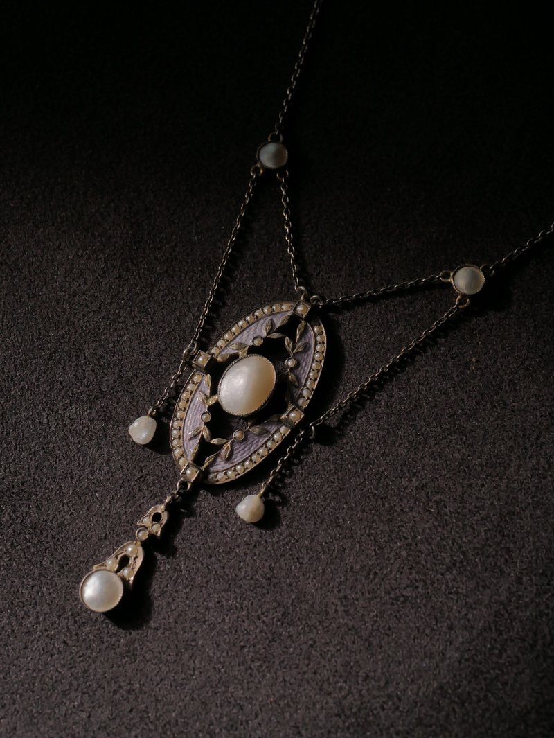 1890s 德國 新藝術時期 薰衣草紫浮雕琺瑯珍珠貝母吊墜項鍊 - 項鍊 - 純銀 紫色