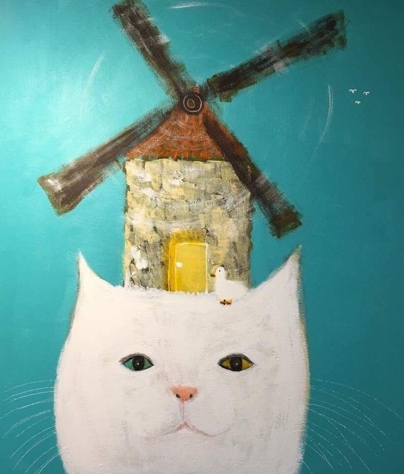 Duck and windmill cat original painting