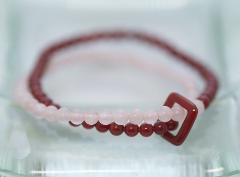 BR0274 - Natural Gem Double Bracelet / Bracelet - Design and Production - Natural Red Agate and Pink Crystal