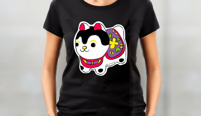 小飯糰  犬張子  黑色中性短T - 女 T 恤 - 棉.麻 黑色