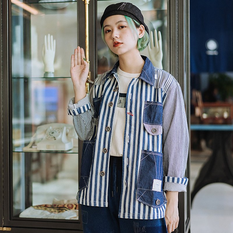Blue striped multi-pocket jacket lapels stitching tooling jacket