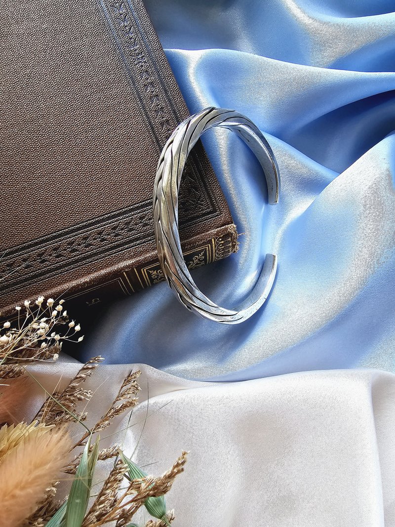 純銀手工麻花編織個性半開手鍊/vintage美國西洋古董飾品 - 手鍊/手環 - 純銀