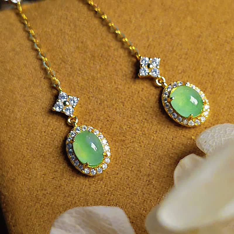 招財•高貴仙氣放光冰甜果綠|緬甸A貨翡翠純銀四葉草流蘇款耳環 - 耳環/耳夾/耳骨夾 - 玉石 綠色