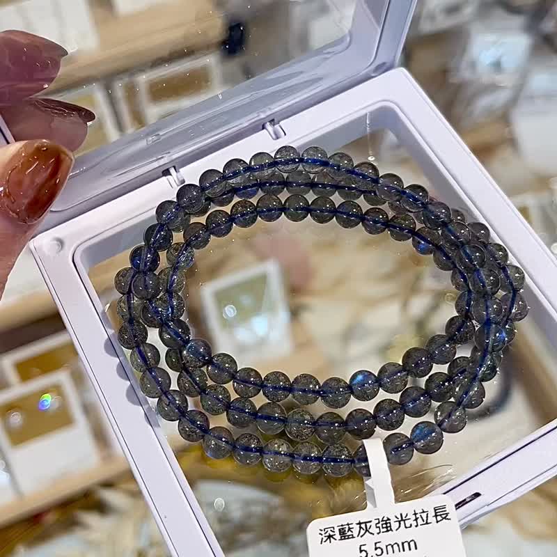 小精品深藍黑系拉長石灰月光強藍光水晶5.5mm三圈助睡眠釋放壓力 - 手鍊/手環 - 水晶 灰色