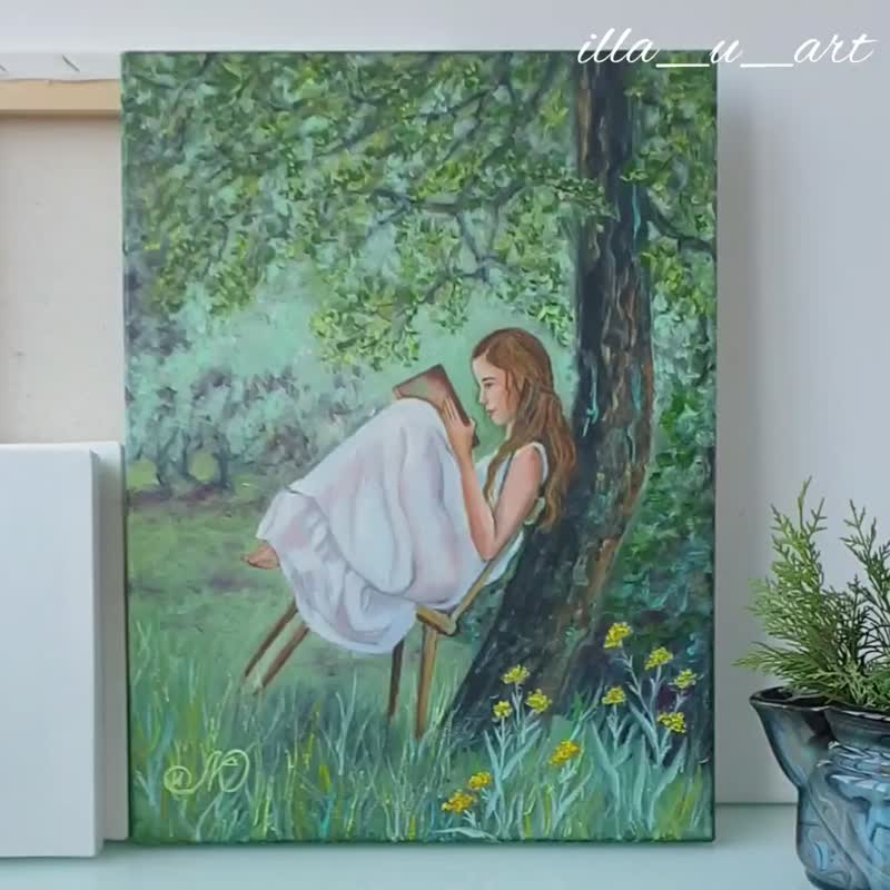 Girl Painting Forest Original Art Figurative Artwork Oil Painting Canvas Art - Posters - Cotton & Hemp Green