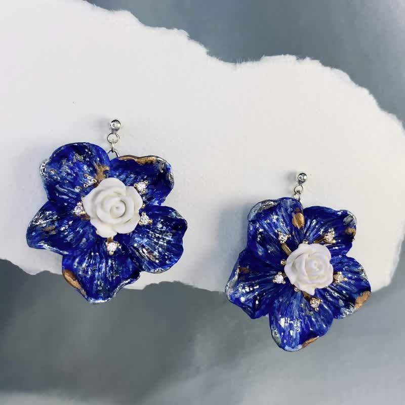 Lapis Blue Gold and Silver Foil Hand-Painted Clay Earrings - Earrings & Clip-ons - Clay Blue