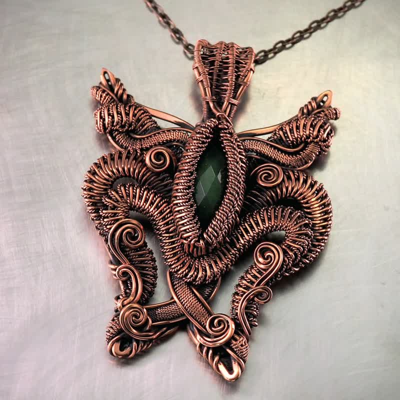 Large Butterfly Jade pendant for her / Copper wire wrapped necklace for lady - 項鍊 - 寶石 綠色