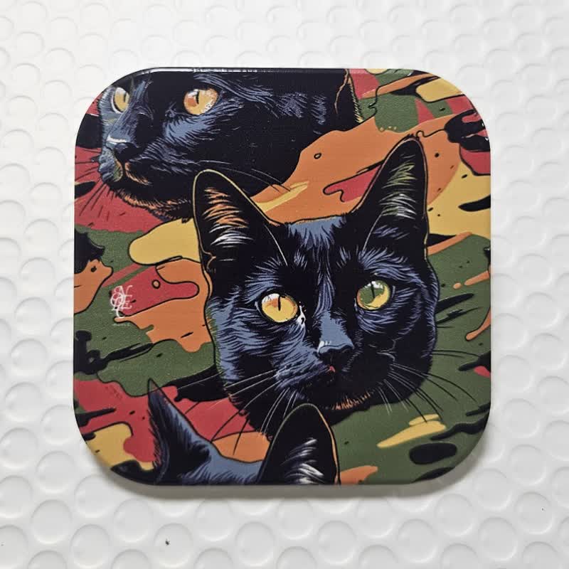 infinite black cat camouflage - Ceramic Coaster - Coasters - Pottery Black