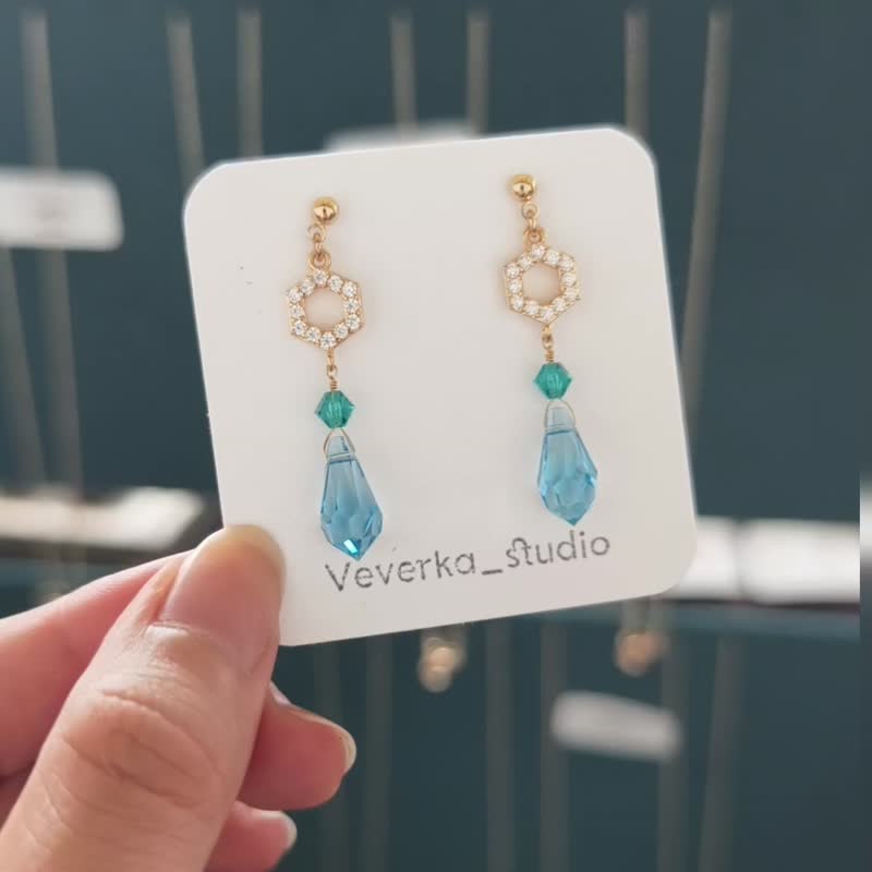 【Veverka】布里斯托 - 天然石耳環 施華洛世奇水晶 鋯石 - 耳環/耳夾 - 半寶石 藍色
