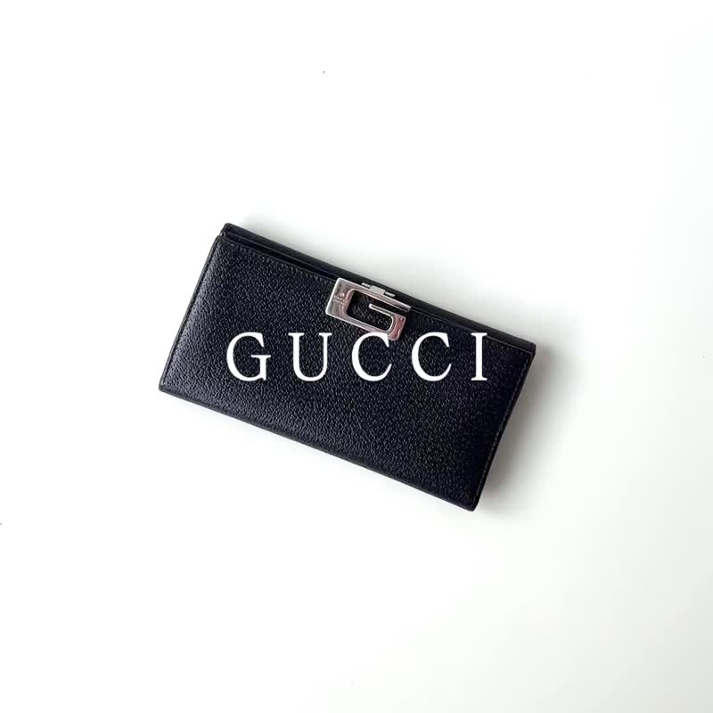 GUCCI黑色真皮經典G logo銀釦長夾F28 vintage - 錢包/皮夾/長短夾 - 真皮 黑色