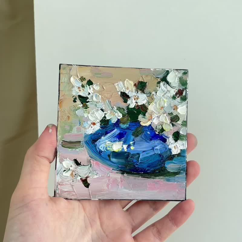 Sakura Painting Original Art Small Impasto Oil Painting Flower Artwork - โปสเตอร์ - วัสดุอื่นๆ สึชมพู