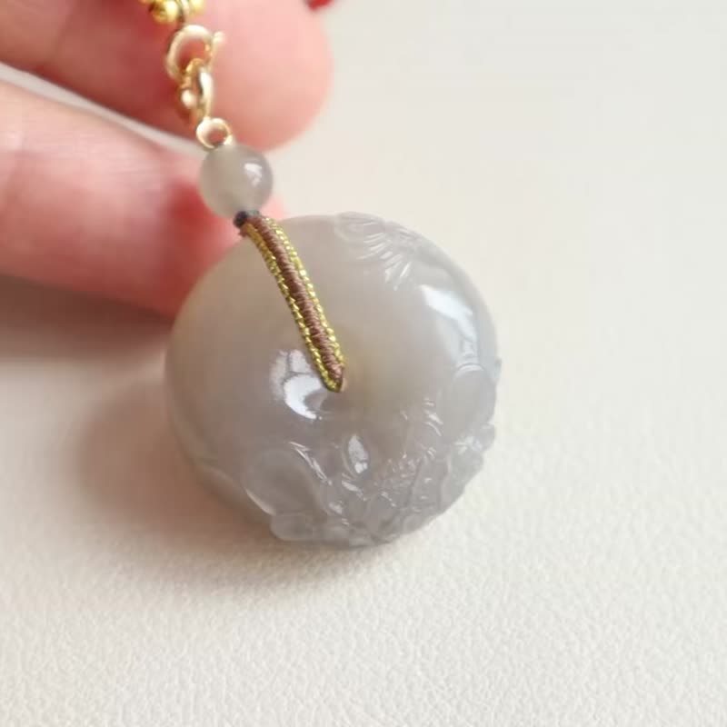 天然和田玉平安扣吊墜雕花面包圈吊墜飽滿厚實冰底煙紫料平安喜樂 - 項鍊 - 玉石