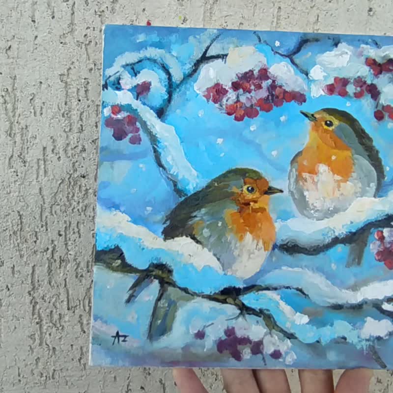 Robin Painting Couple Birds Original Art Snowfall Oil Painting Two Birds - 掛牆畫/海報 - 其他材質 藍色