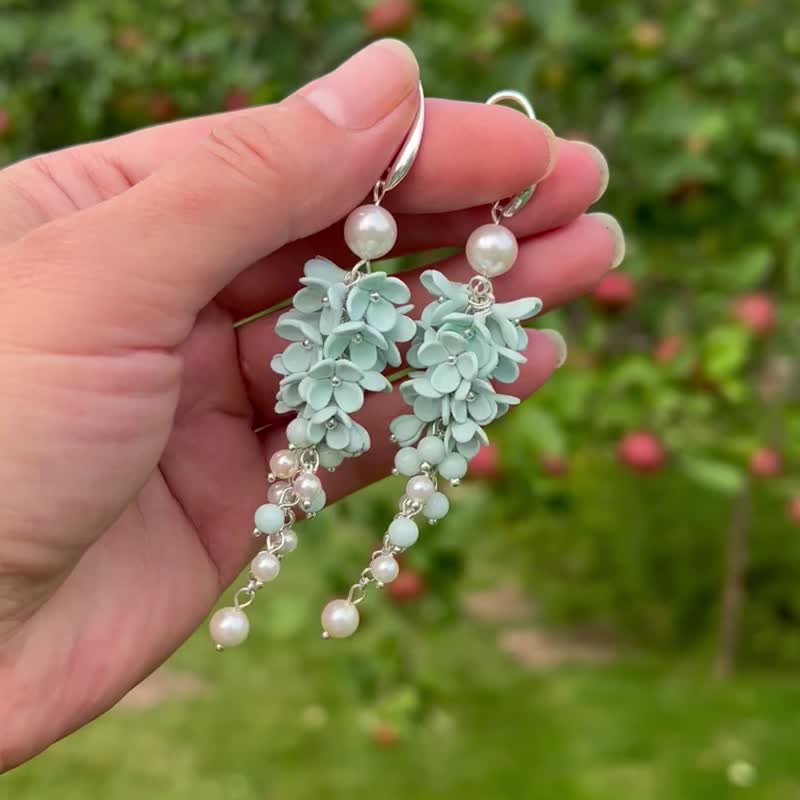 Handmade Dangle Earrings With Tiny Flowers Long Earrings Wedding Earrings - Earrings & Clip-ons - Clay White