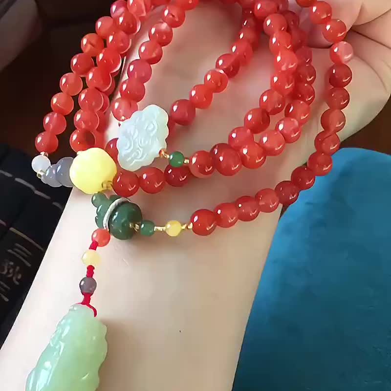 天然南紅瑪瑙7公釐108顆 佛珠 手鏈 搭配 天然和田玉 貔貅 吊墜 - 手鍊/手環 - 水晶