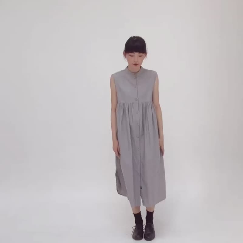 Mandarin Collar Sleeveless Dress - Gray - One Piece Dresses - Cotton & Hemp Black