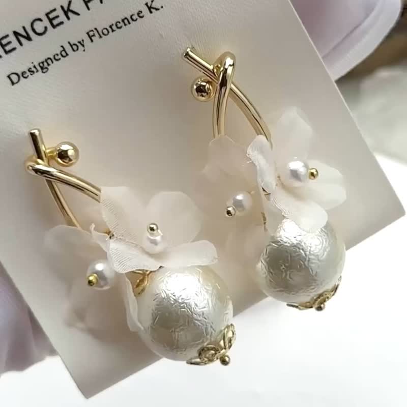 Elegance Cotton Pearl Chiffon Flower 14K Gold Filled Earrings - Earrings & Clip-ons - Pearl Gold