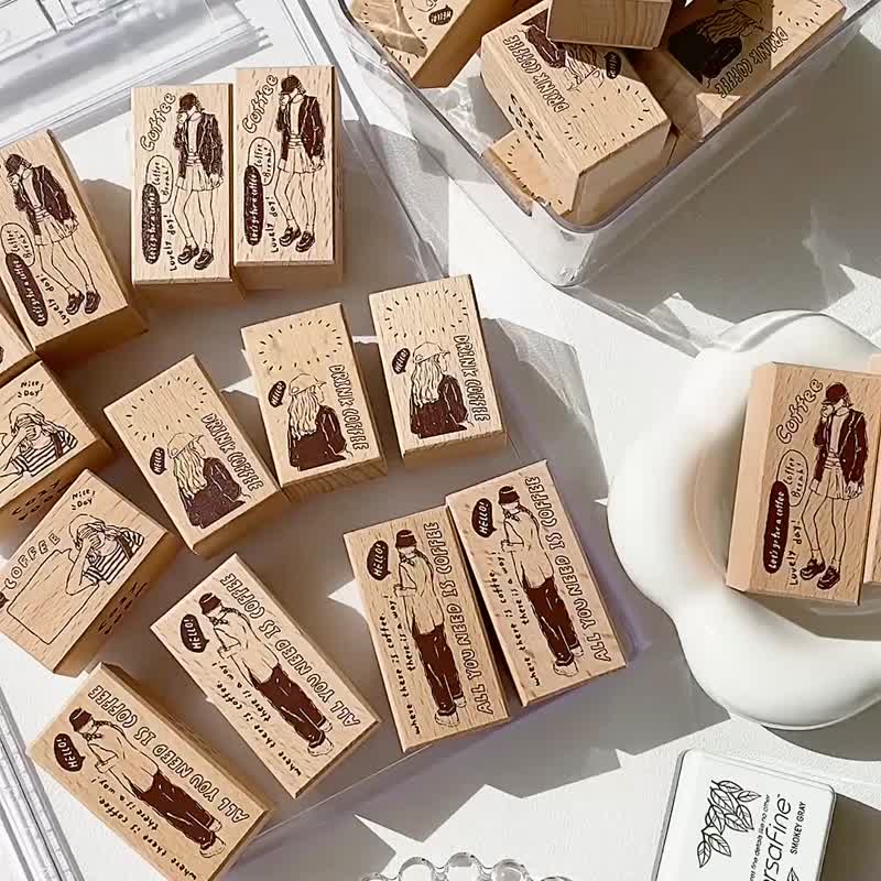 Cozyroom/Cafe Girl Dialog Box/Beech Wood Stamp/Wooden Stamp/4 types in total - Stamps & Stamp Pads - Wood Brown