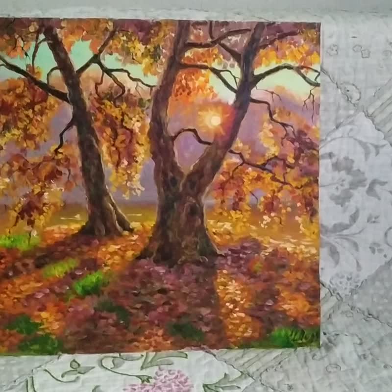 秋のオークの木の絵画オリジナルアート秋の森湖国立公園の風景 - ポスター・絵 - その他の素材 