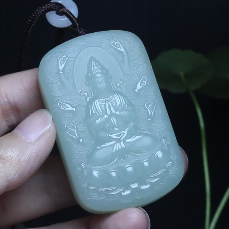 [Avalokitesvara] Avalokitesvara Necklace / Natural Hetian Jade Pendant / Original Jade Carving Pendant - Necklaces - Jade Green