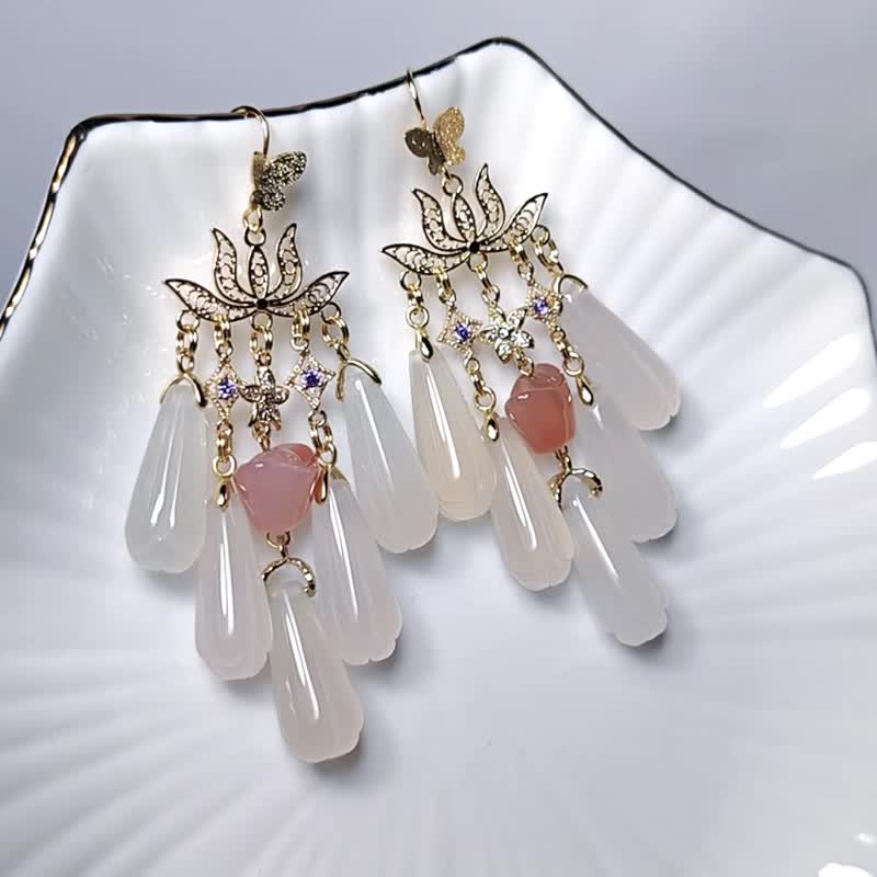 Agate flower blooms, wealth and ingot, one yuan revives successful career, attracts wealth, smart earrings single product - Earrings & Clip-ons - Gemstone Red