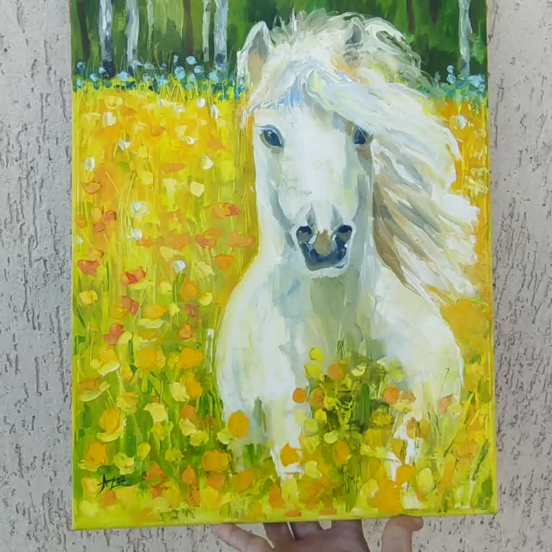 White Horse Painting Original Art Animal Canvas Oil Artwork Blooming Meadow OIl - 掛牆畫/海報 - 其他材質 黃色
