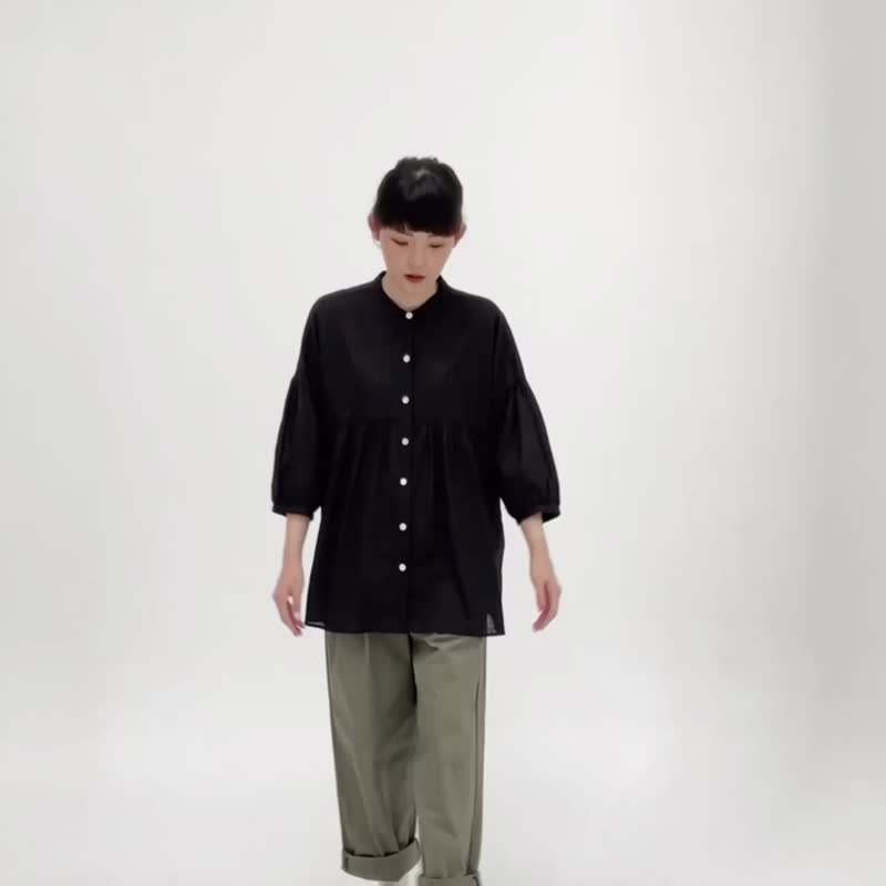 3/4 Sleeve Mandarin Collar Shirt - Black - Women's Shirts - Linen Black