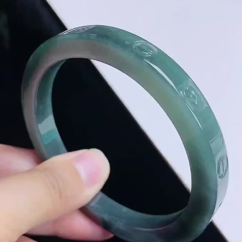 天然翡翠 緬甸 A玉 玉鐲 • 冰種翡翠方鐲雕花鐲 - 手鍊/手環 - 玉石 藍色
