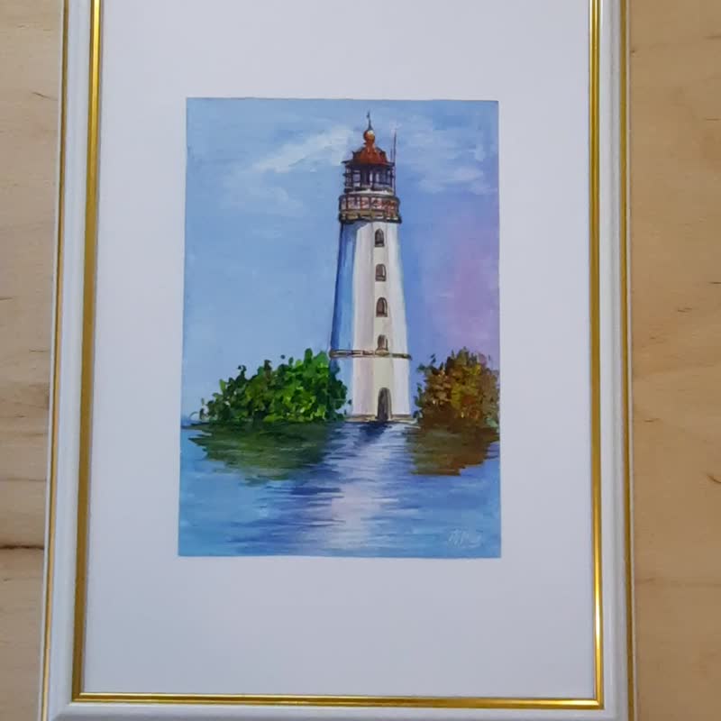 白い灯台の絵 オリジナル水彩画 海景アート 航海アート - ポスター・絵 - 紙 多色