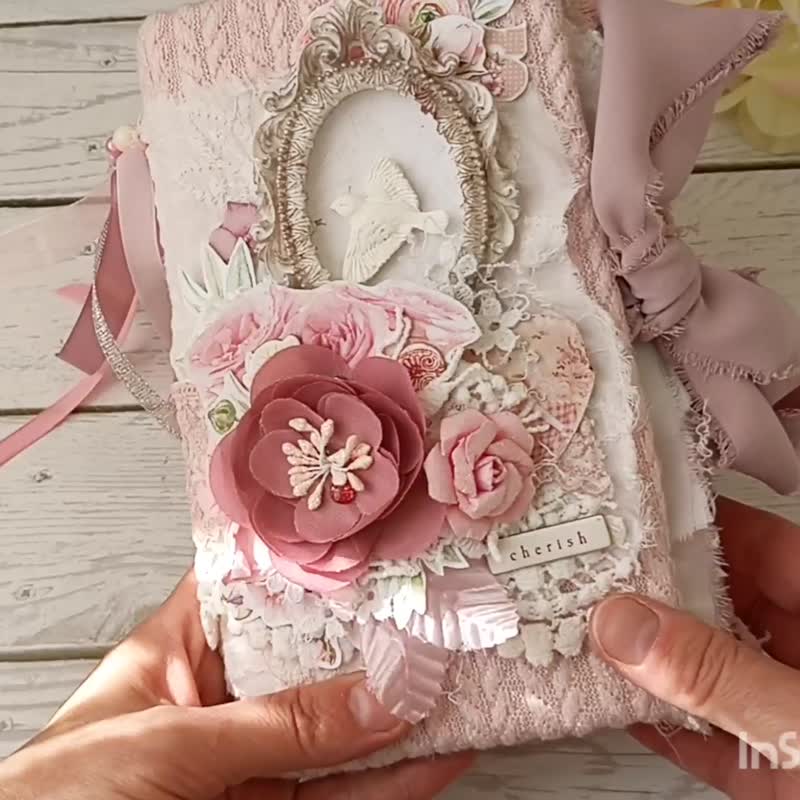 French roses junk journal handmade Elegant garden dairy Lace flowers notebook - Notebooks & Journals - Paper Pink