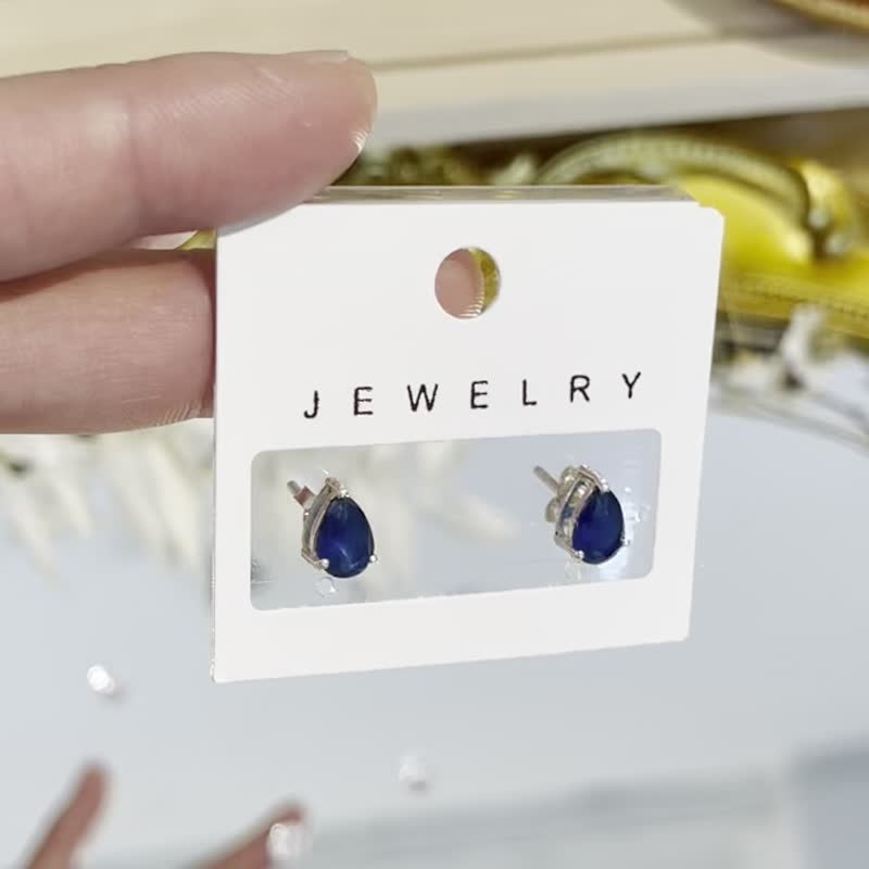 Indian sapphire water drop cut calm temperament British sapphire single needle - Earrings & Clip-ons - Semi-Precious Stones Blue