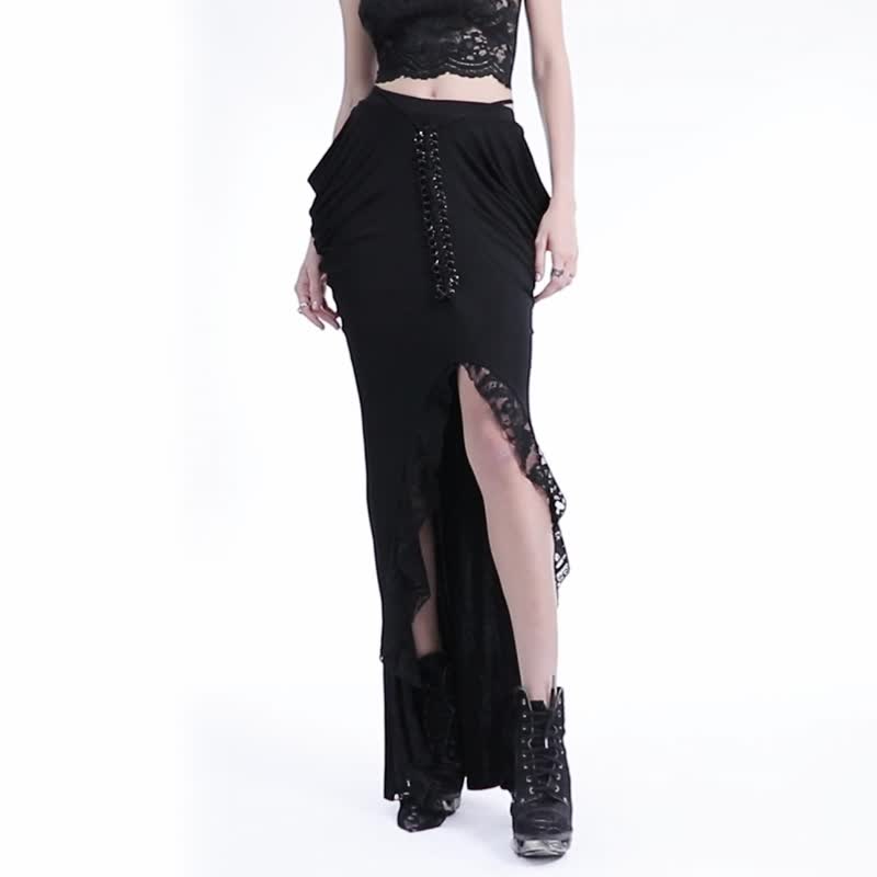 哥德渡鴉女巫蕾絲堆褶包臀裙 - 裙子/長裙 - 其他材質 黑色