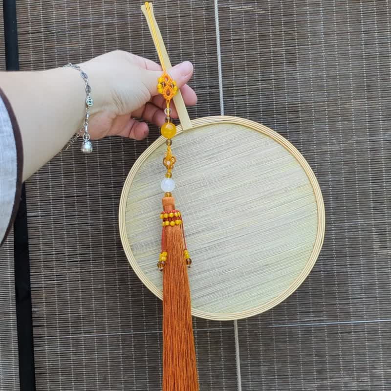 Fan bamboo curtain round fan Hanfu accessories agate topaz bead ring red gold pendant - พัด - เครื่องประดับพลอย 
