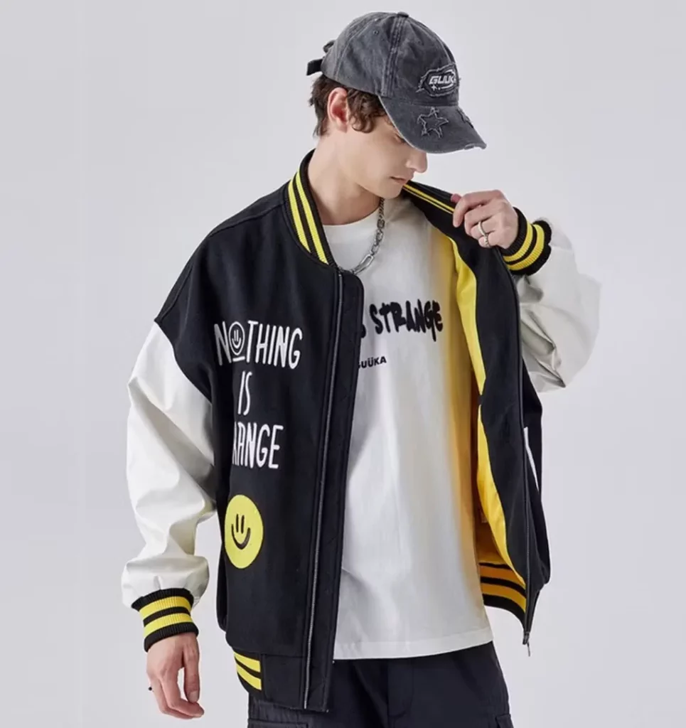 棒球外套穿搭:MUYU毛呢拼接棒球服夾克