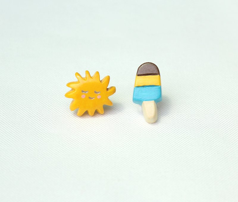 夏日 "太陽x冰棒(藍)" 耳環 - 耳環/耳夾 - 黏土 黃色