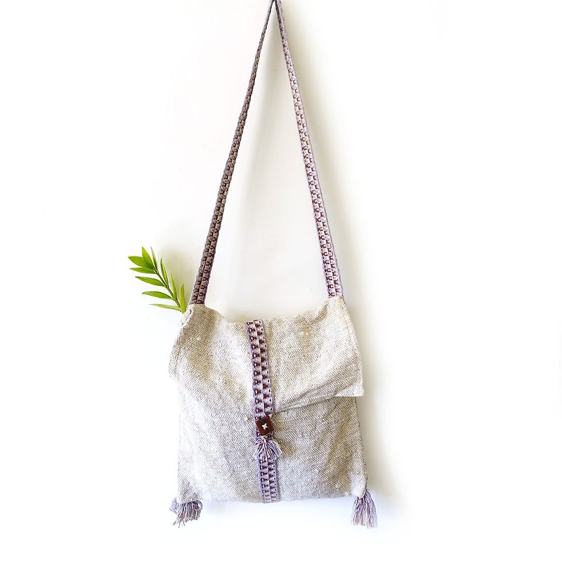 BajuTua / vintage / beige wool purple ribbon side backpack - Messenger Bags & Sling Bags - Wool White