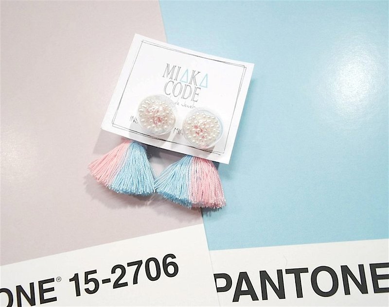 12mm Glass bubble pearls earrings/ear-clips with Pink+blue tassels - Earrings & Clip-ons - Glass Multicolor